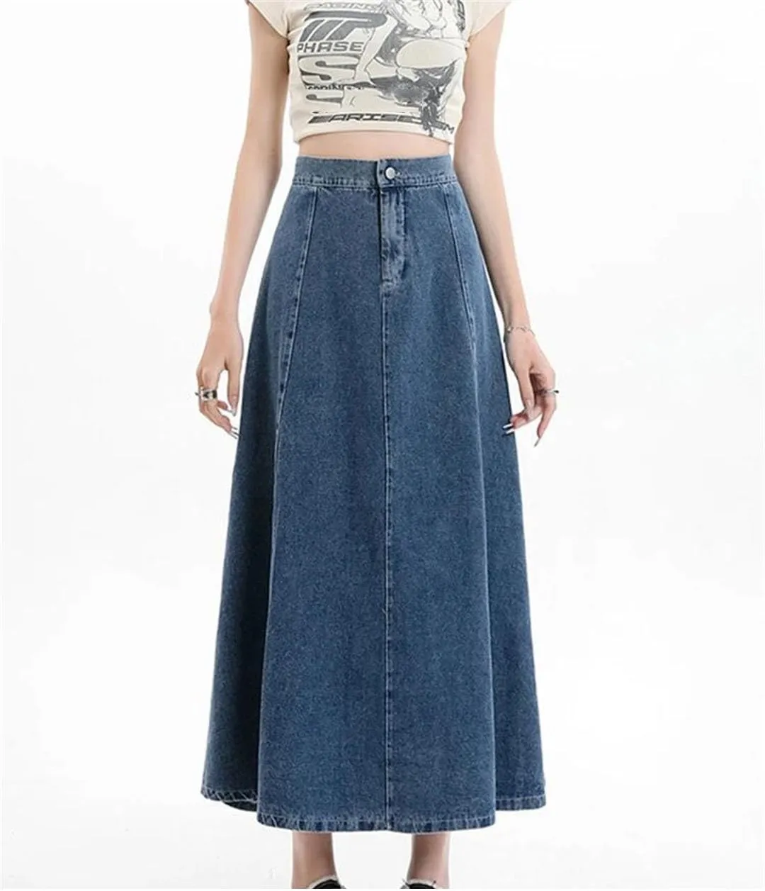 Women Long Denim Arrivals High Elastic Waist A Line Jeans Skirts Korean Casual Skirts