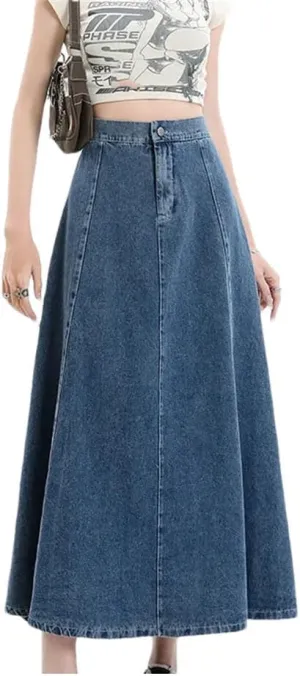 Women Long Denim Arrivals High Elastic Waist A Line Jeans Skirts Korean Casual Skirts