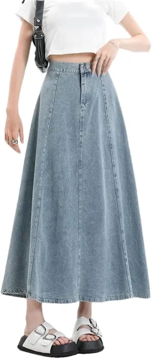 Women Long Denim Arrivals High Elastic Waist A Line Jeans Skirts Korean Casual Skirts