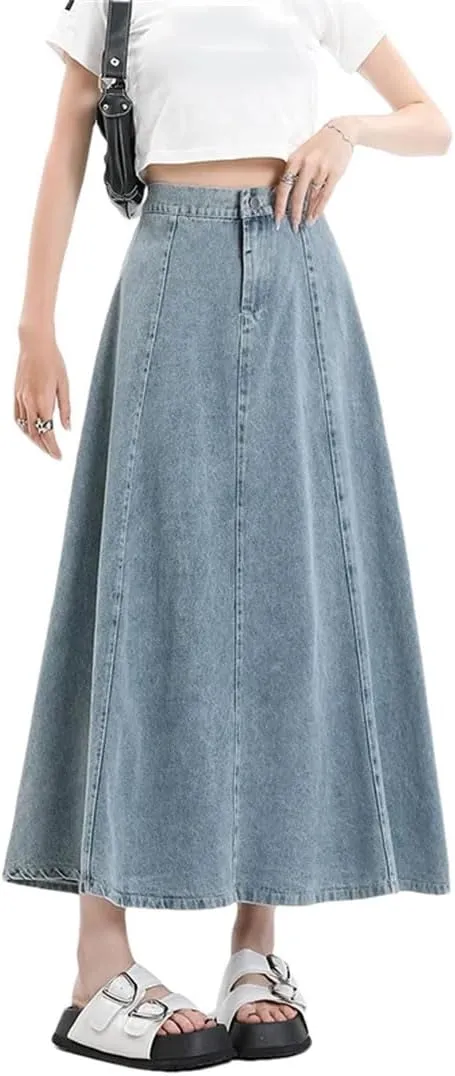 Women Long Denim Arrivals High Elastic Waist A Line Jeans Skirts Korean Casual Skirts