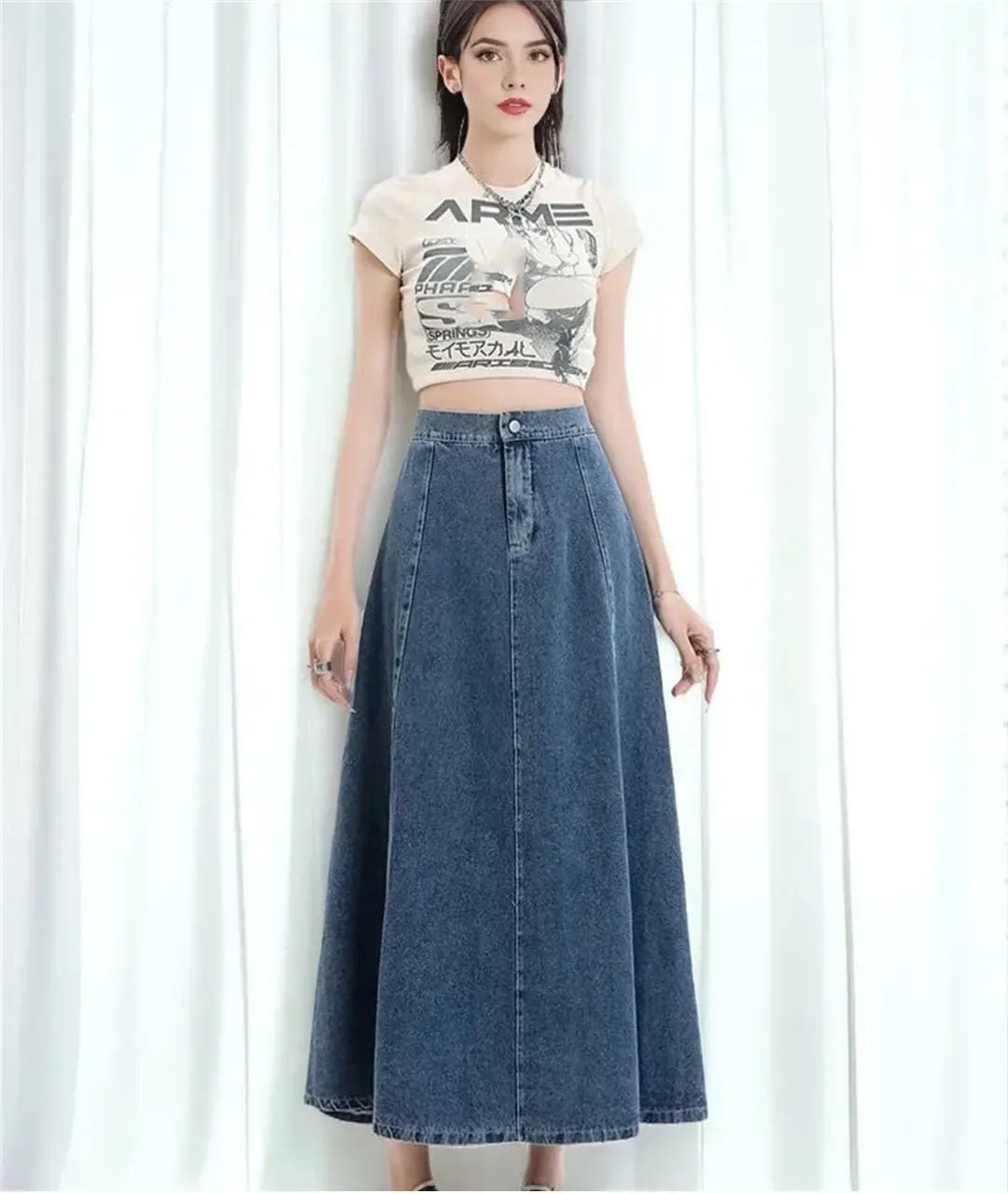 Women Long Denim Arrivals High Elastic Waist A Line Jeans Skirts Korean Casual Skirts