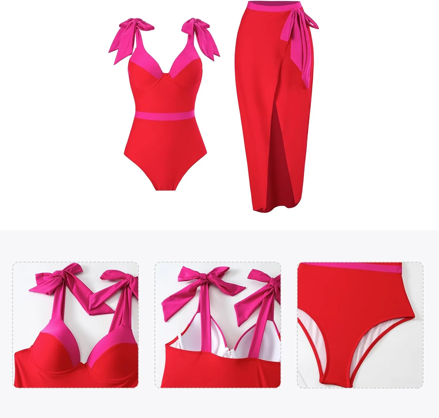 Women One-Piece Swimsuit with Cover up Wrap Skirt Sarong Bathing Suit Beach Outfit Summer