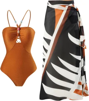 Women One-Piece Swimsuit with Cover up Wrap Skirt Sarong Bathing Suit Beach Outfit Summer