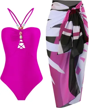 Women One-Piece Swimsuit with Cover up Wrap Skirt Sarong Bathing Suit Beach Outfit Summer