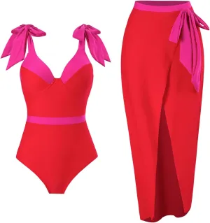 Women One-Piece Swimsuit with Cover up Wrap Skirt Sarong Bathing Suit Beach Outfit Summer