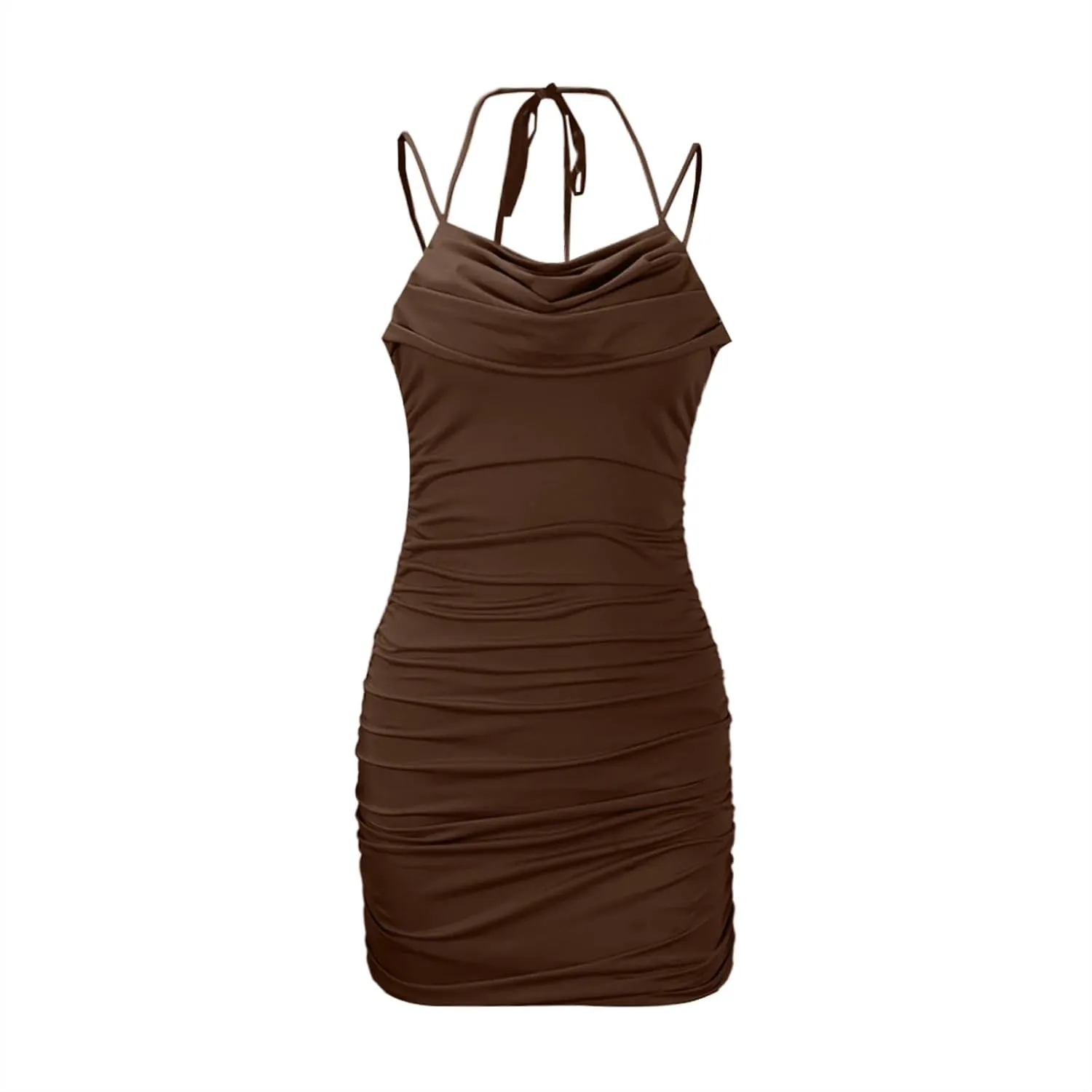 Women Sexy Halter Tie Cowl Neck Bodycon Ruched Mini Dress for Night Out Club Party Cocktail Spaghetti Strap Short Dress