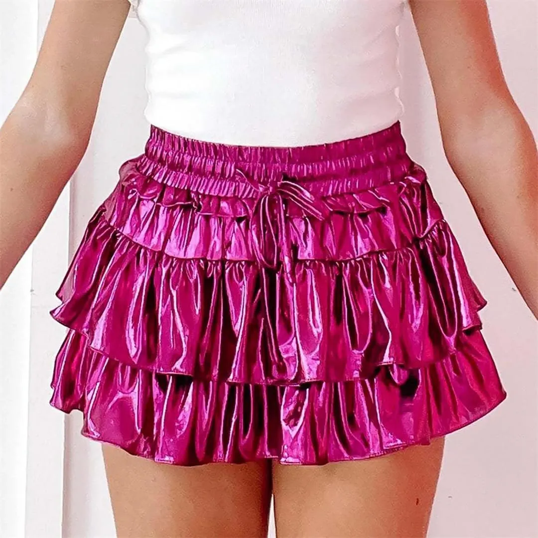 Women Skirt Summer Solid Color Ruffle Layered Flared Pleated Mini Skirts