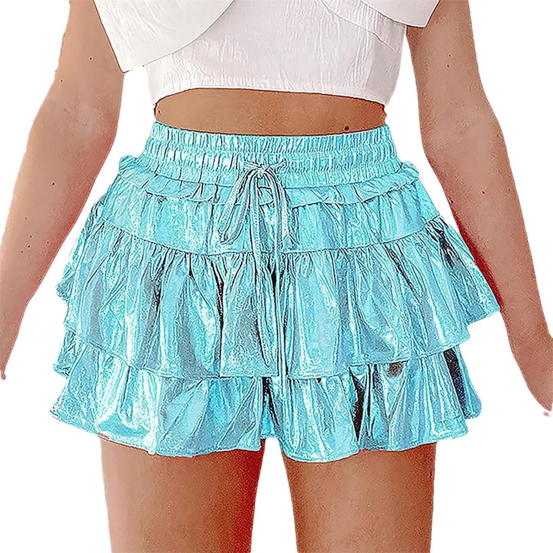 Women Skirt Summer Solid Color Ruffle Layered Flared Pleated Mini Skirts