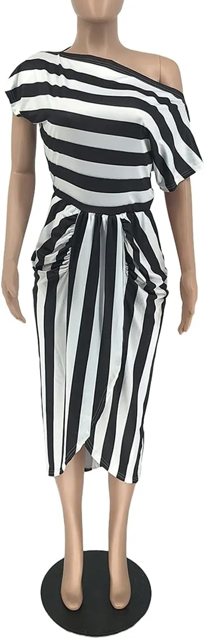 Women Stripes Dresses One Shoulder Short Sleeve Irregular Midi Party Wrap Dress