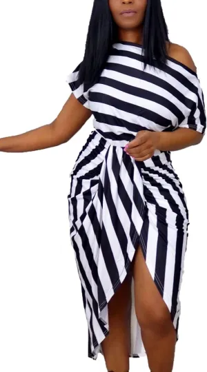 Women Stripes Dresses One Shoulder Short Sleeve Irregular Midi Party Wrap Dress