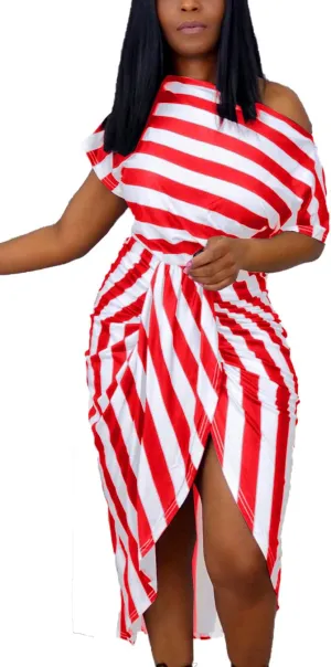 Women Stripes Dresses One Shoulder Short Sleeve Irregular Midi Party Wrap Dress