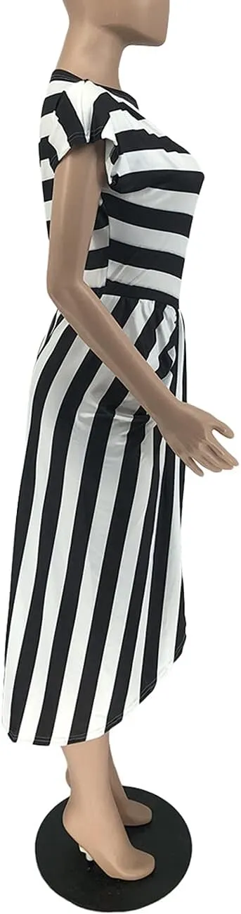 Women Stripes Dresses One Shoulder Short Sleeve Irregular Midi Party Wrap Dress