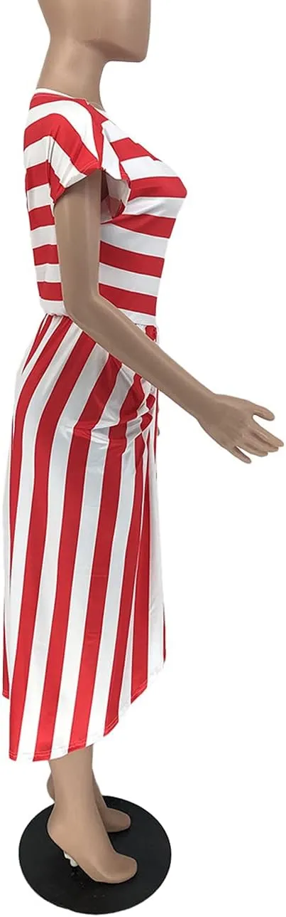 Women Stripes Dresses One Shoulder Short Sleeve Irregular Midi Party Wrap Dress