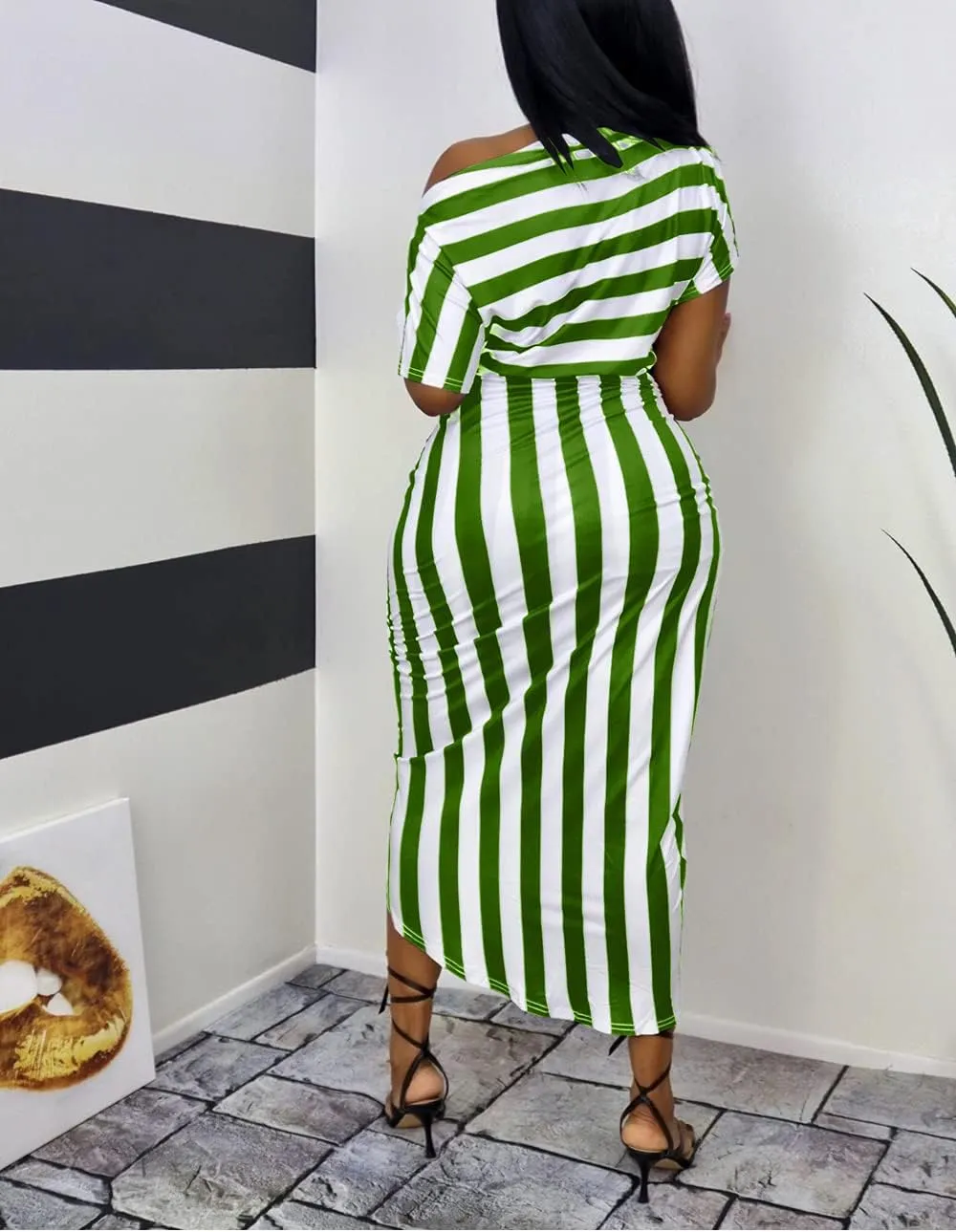 Women Stripes Dresses One Shoulder Short Sleeve Irregular Midi Party Wrap Dress