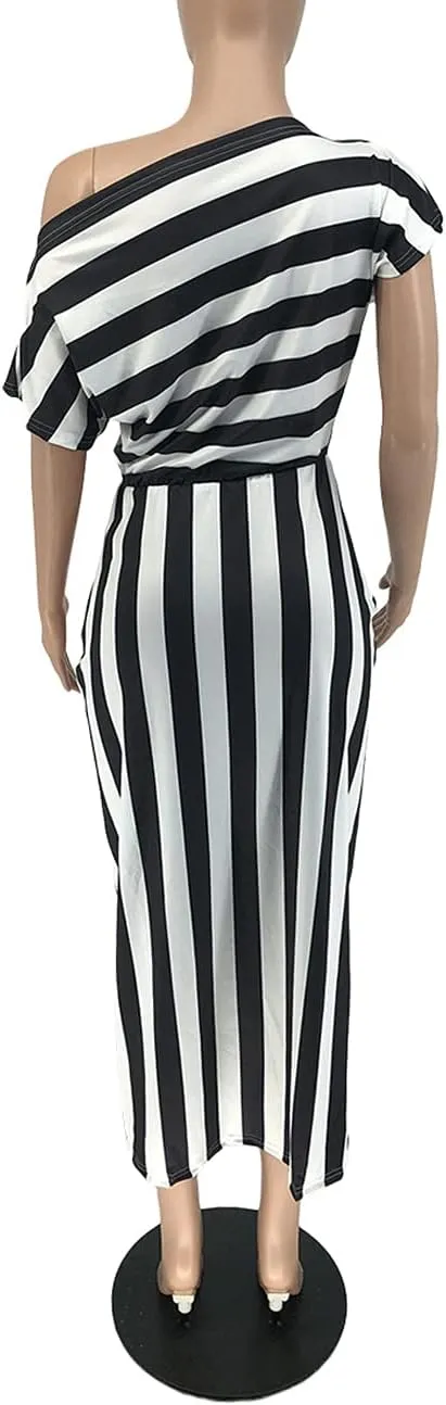 Women Stripes Dresses One Shoulder Short Sleeve Irregular Midi Party Wrap Dress