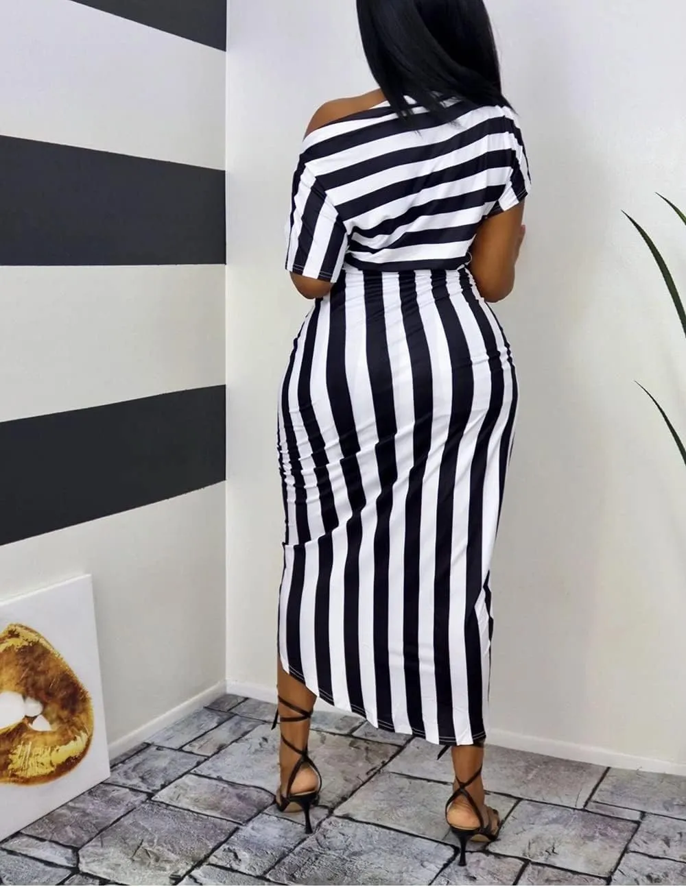 Women Stripes Dresses One Shoulder Short Sleeve Irregular Midi Party Wrap Dress