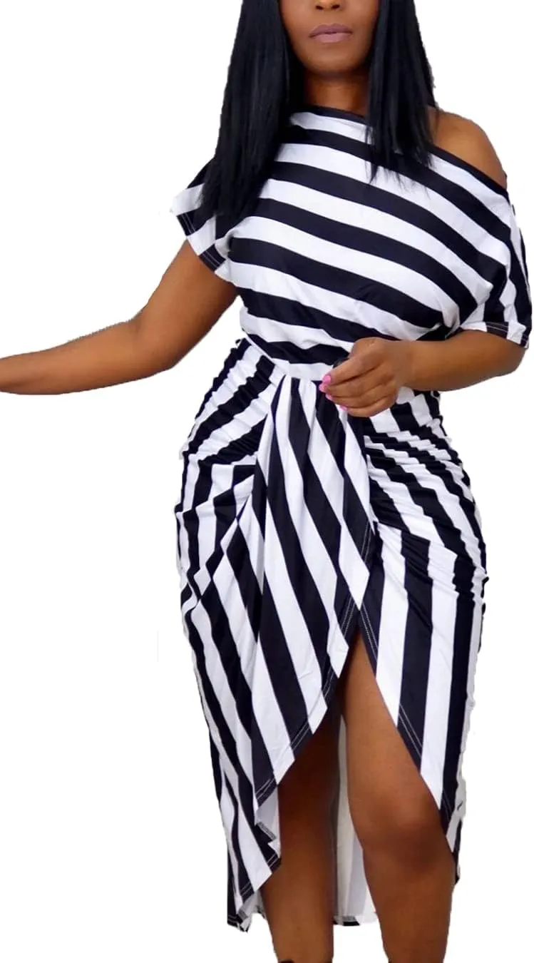 Women Stripes Dresses One Shoulder Short Sleeve Irregular Midi Party Wrap Dress