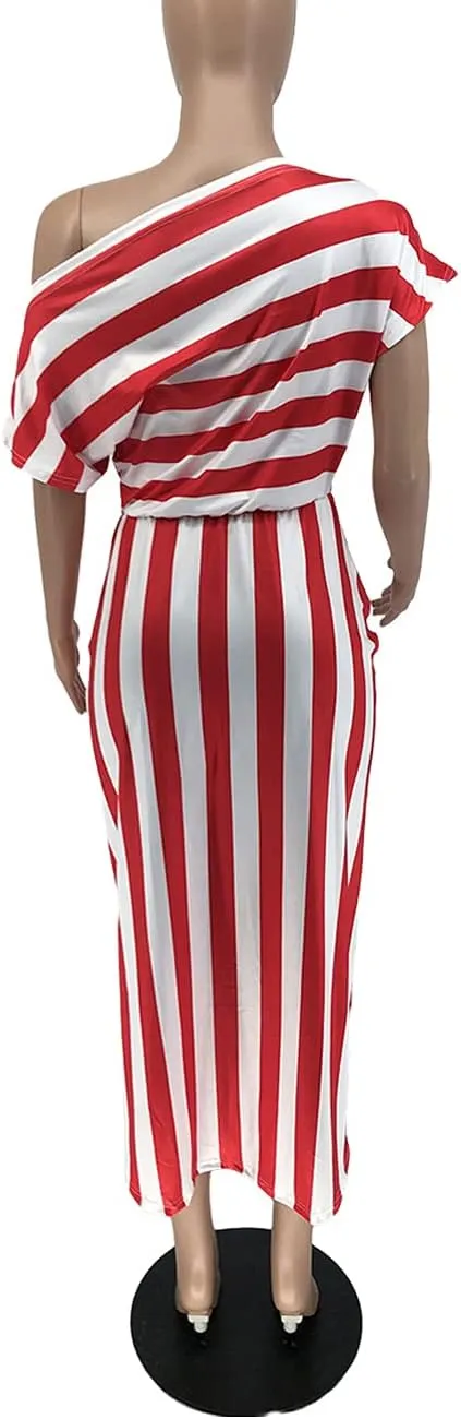 Women Stripes Dresses One Shoulder Short Sleeve Irregular Midi Party Wrap Dress