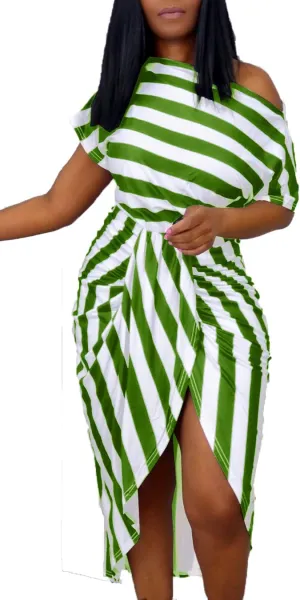 Women Stripes Dresses One Shoulder Short Sleeve Irregular Midi Party Wrap Dress