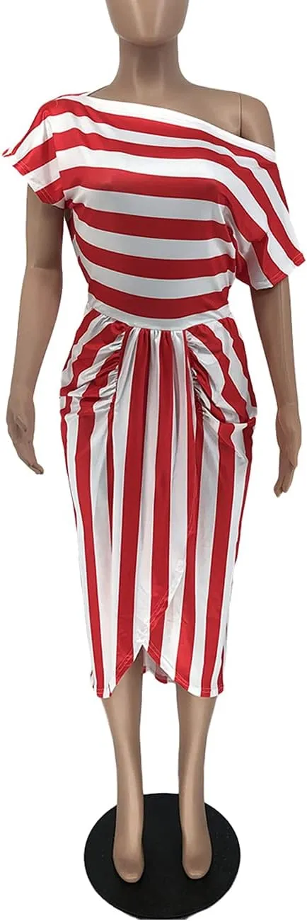 Women Stripes Dresses One Shoulder Short Sleeve Irregular Midi Party Wrap Dress