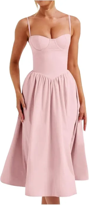 Women Summer 2025 Maxi Dress Spaghetti Strap Back CRIS Cross Flowy Pleated Hem Corset Skirt Church Work Dresses Outfits