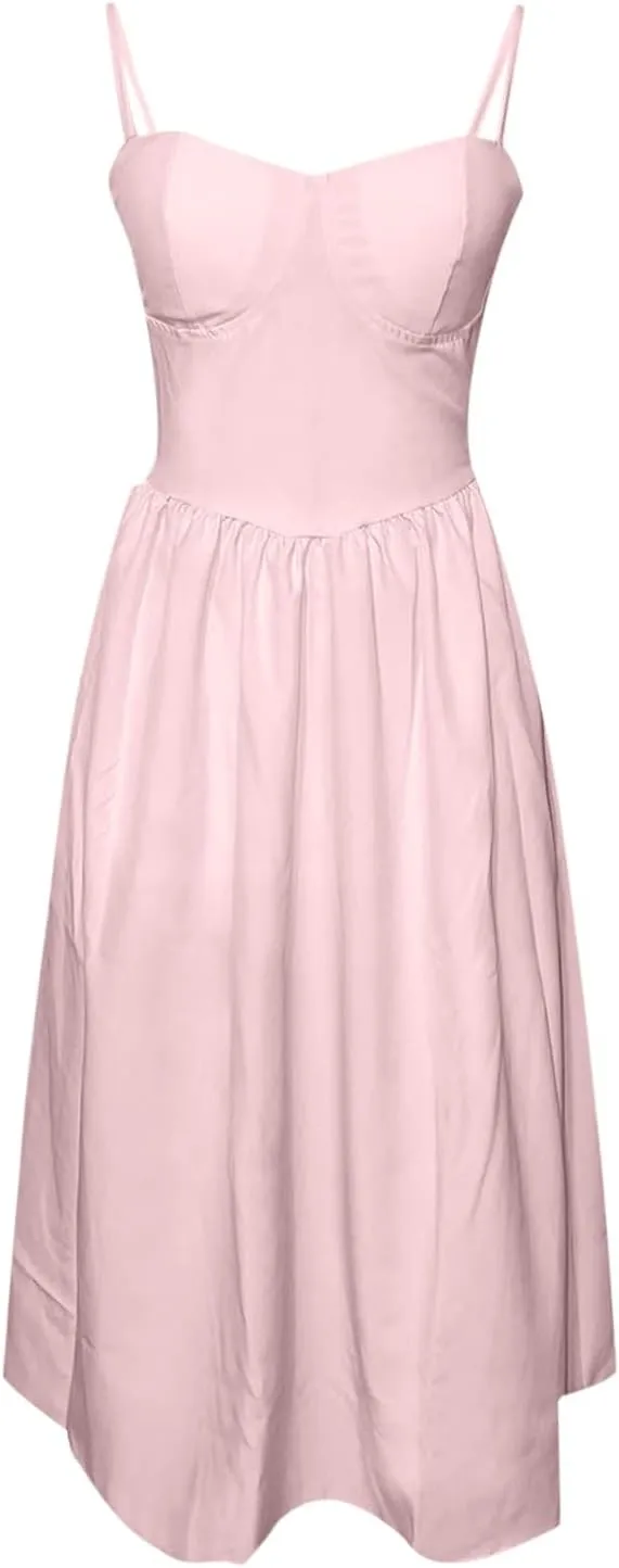Women Summer 2025 Maxi Dress Spaghetti Strap Back CRIS Cross Flowy Pleated Hem Corset Skirt Church Work Dresses Outfits