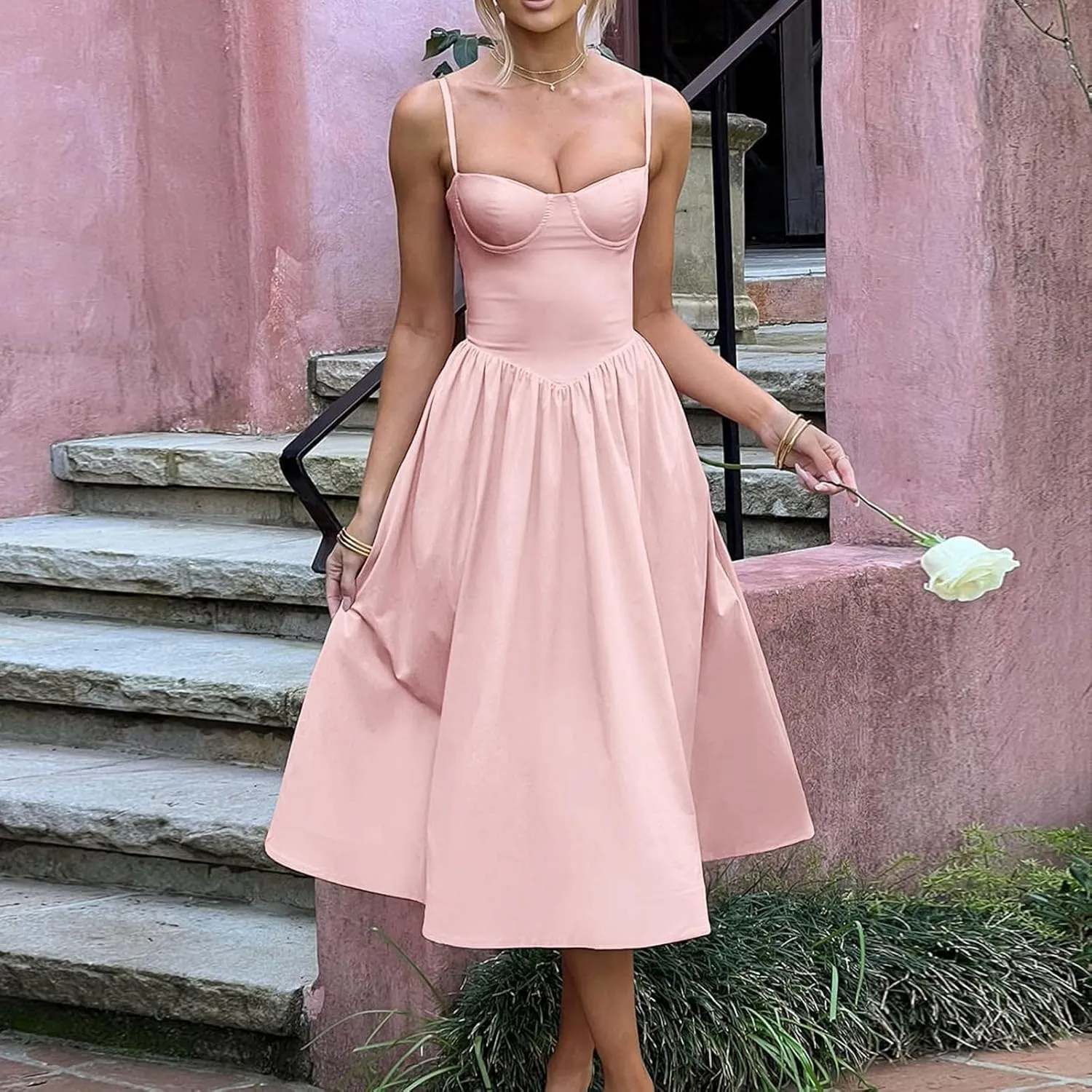 Women Summer 2025 Maxi Dress Spaghetti Strap Back CRIS Cross Flowy Pleated Hem Corset Skirt Church Work Dresses Outfits