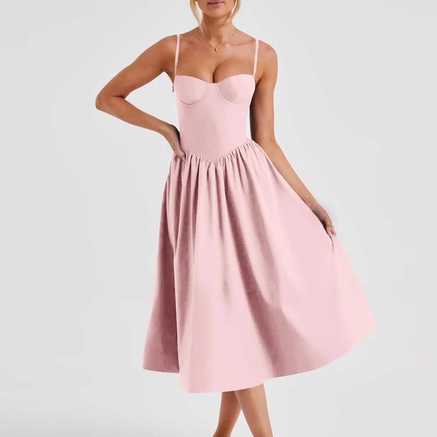 Women Summer 2025 Maxi Dress Spaghetti Strap Back CRIS Cross Flowy Pleated Hem Corset Skirt Church Work Dresses Outfits