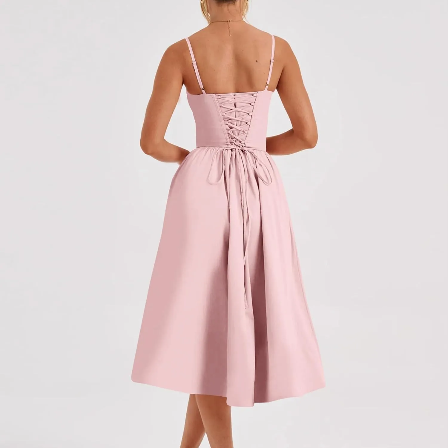 Women Summer 2025 Maxi Dress Spaghetti Strap Back CRIS Cross Flowy Pleated Hem Corset Skirt Church Work Dresses Outfits