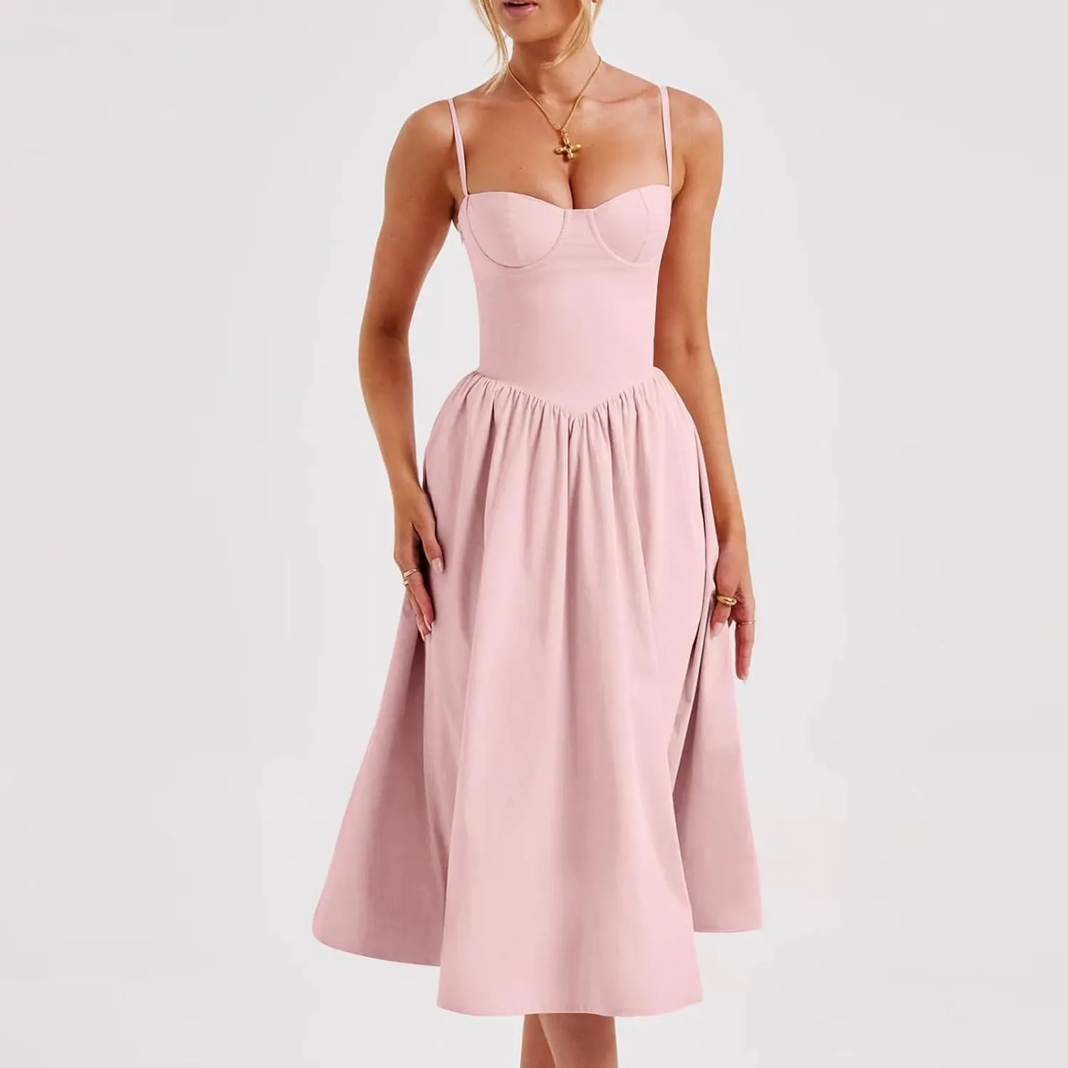 Women Summer 2025 Maxi Dress Spaghetti Strap Back CRIS Cross Flowy Pleated Hem Corset Skirt Church Work Dresses Outfits