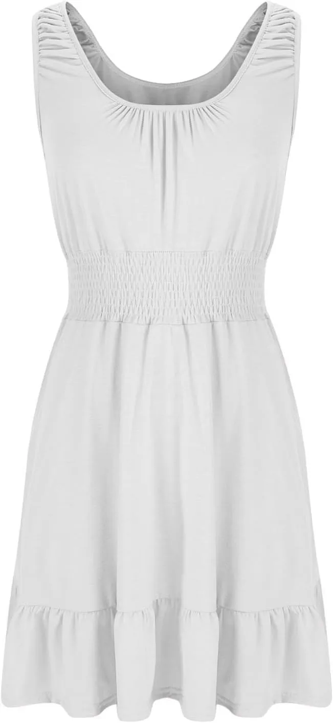 Women Summer Casual Sleeveless Dress Smocked Empire Waist Ruffle Tiered Mini Dress Trendy Dressy Swing Beach Sundress