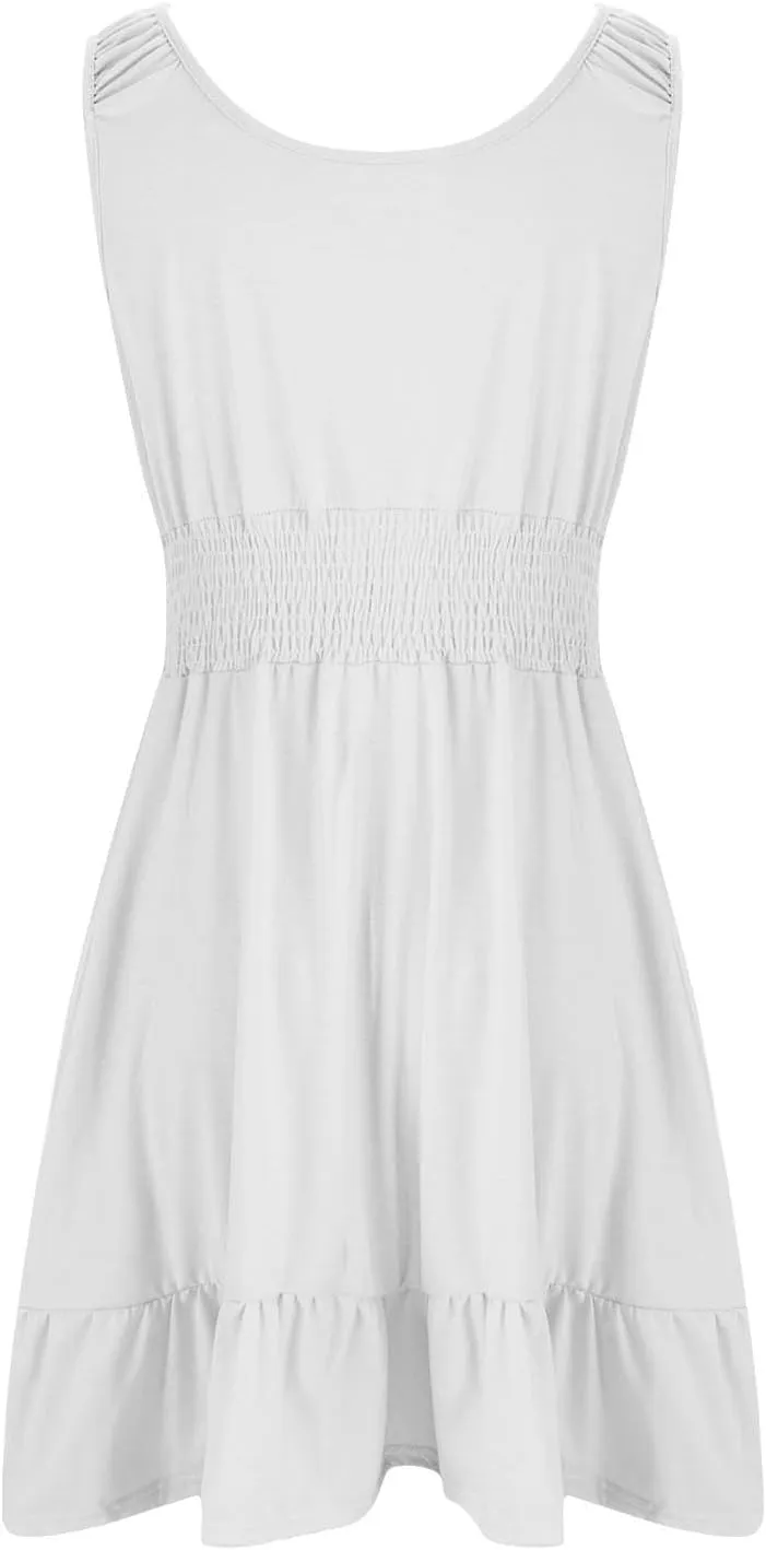 Women Summer Casual Sleeveless Dress Smocked Empire Waist Ruffle Tiered Mini Dress Trendy Dressy Swing Beach Sundress