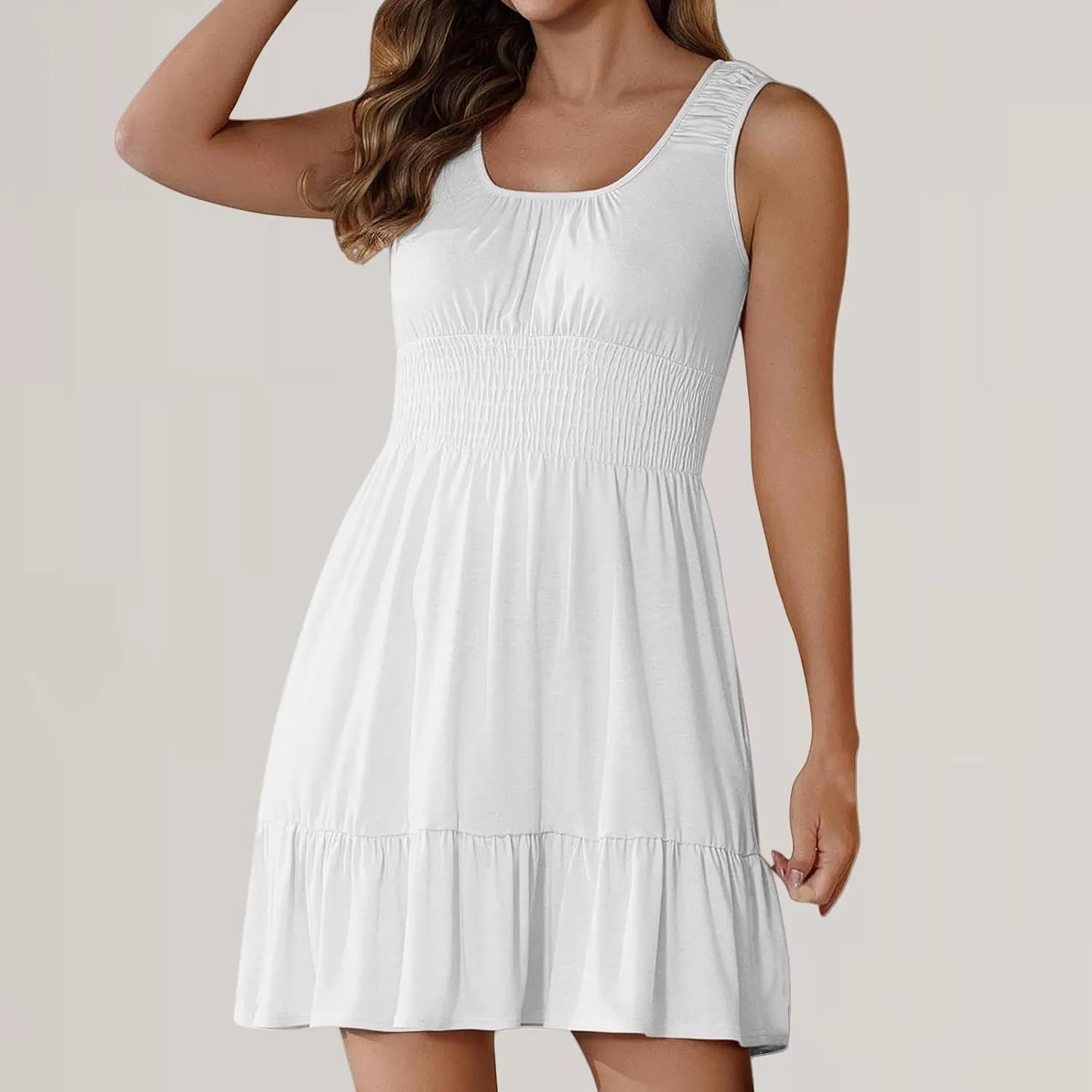 Women Summer Casual Sleeveless Dress Smocked Empire Waist Ruffle Tiered Mini Dress Trendy Dressy Swing Beach Sundress