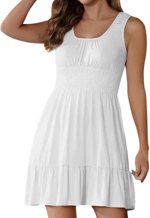 Women Summer Casual Sleeveless Dress Smocked Empire Waist Ruffle Tiered Mini Dress Trendy Dressy Swing Beach Sundress