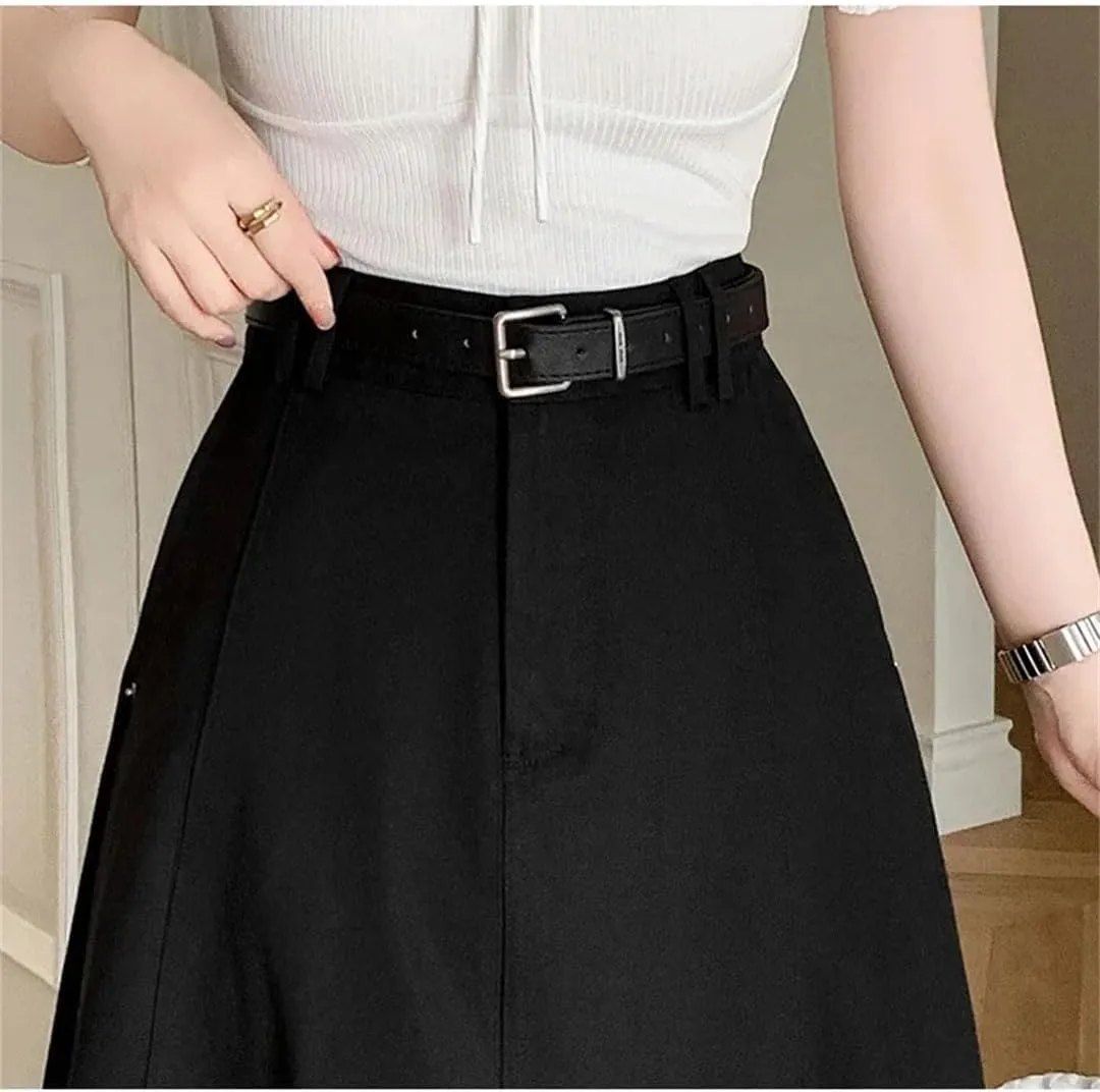 Women Vintage High Waist Denim A-Line Midi Elegant Solid Pleated Umbrella Skirts