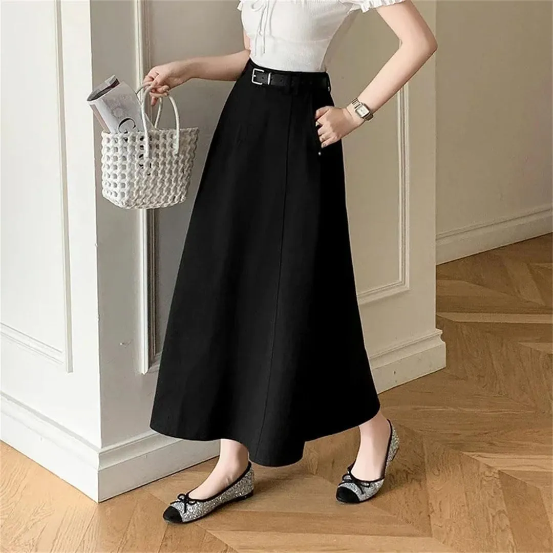 Women Vintage High Waist Denim A-Line Midi Elegant Solid Pleated Umbrella Skirts