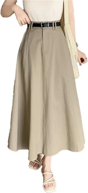 Women Vintage High Waist Denim A-Line Midi Elegant Solid Pleated Umbrella Skirts