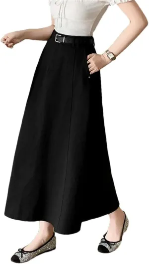 Women Vintage High Waist Denim A-Line Midi Elegant Solid Pleated Umbrella Skirts
