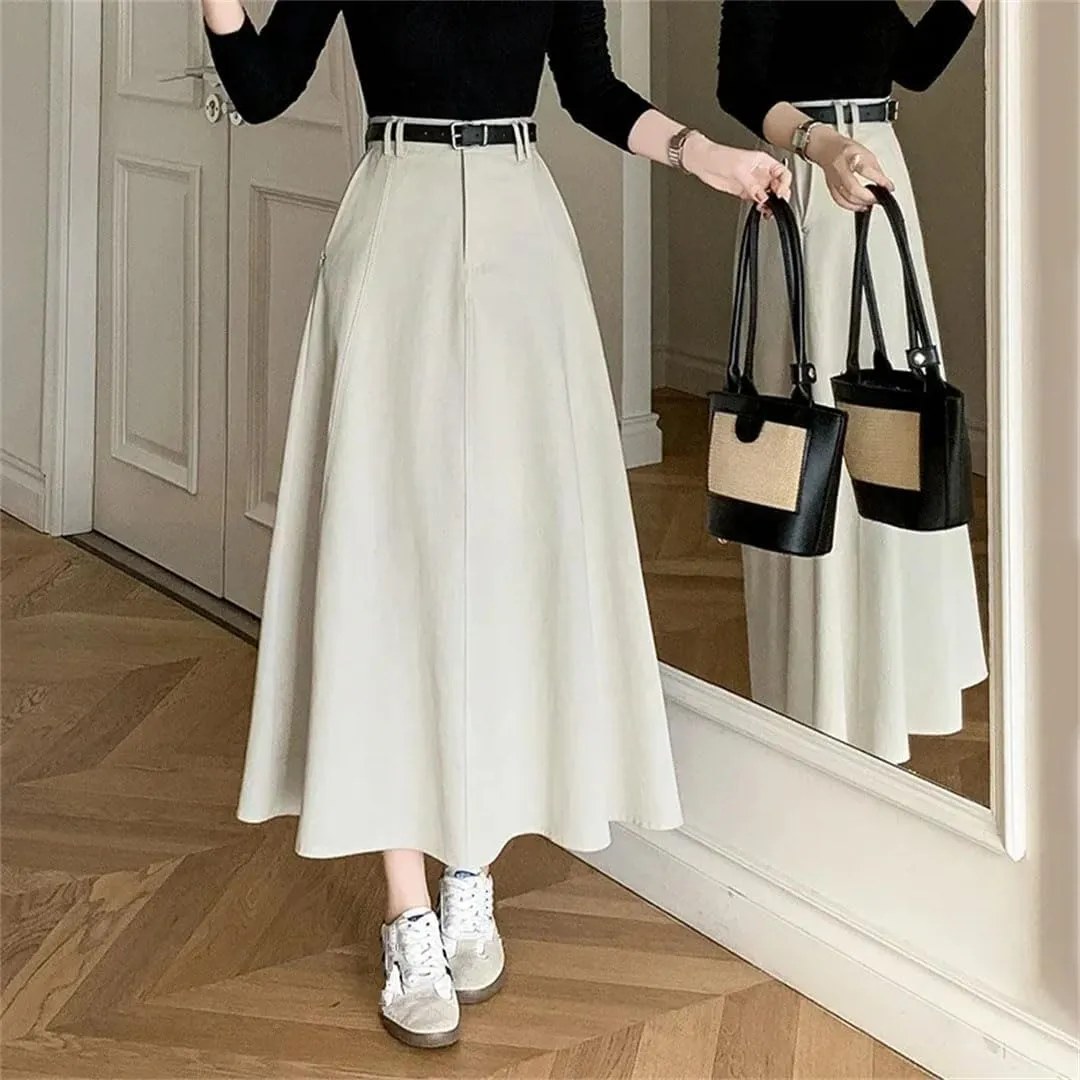 Women Vintage High Waist Denim A-Line Midi Elegant Solid Pleated Umbrella Skirts