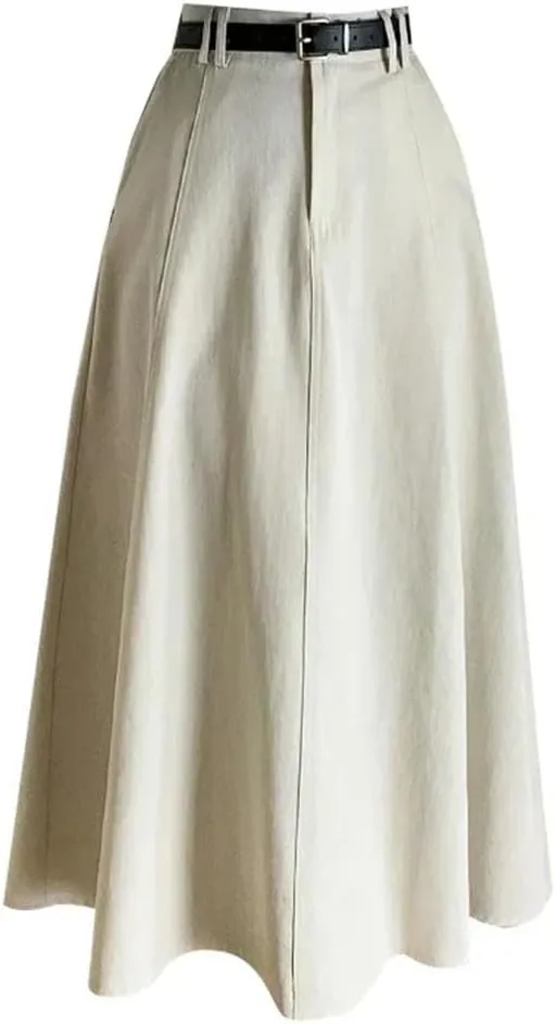 Women Vintage High Waist Denim A-Line Midi Elegant Solid Pleated Umbrella Skirts