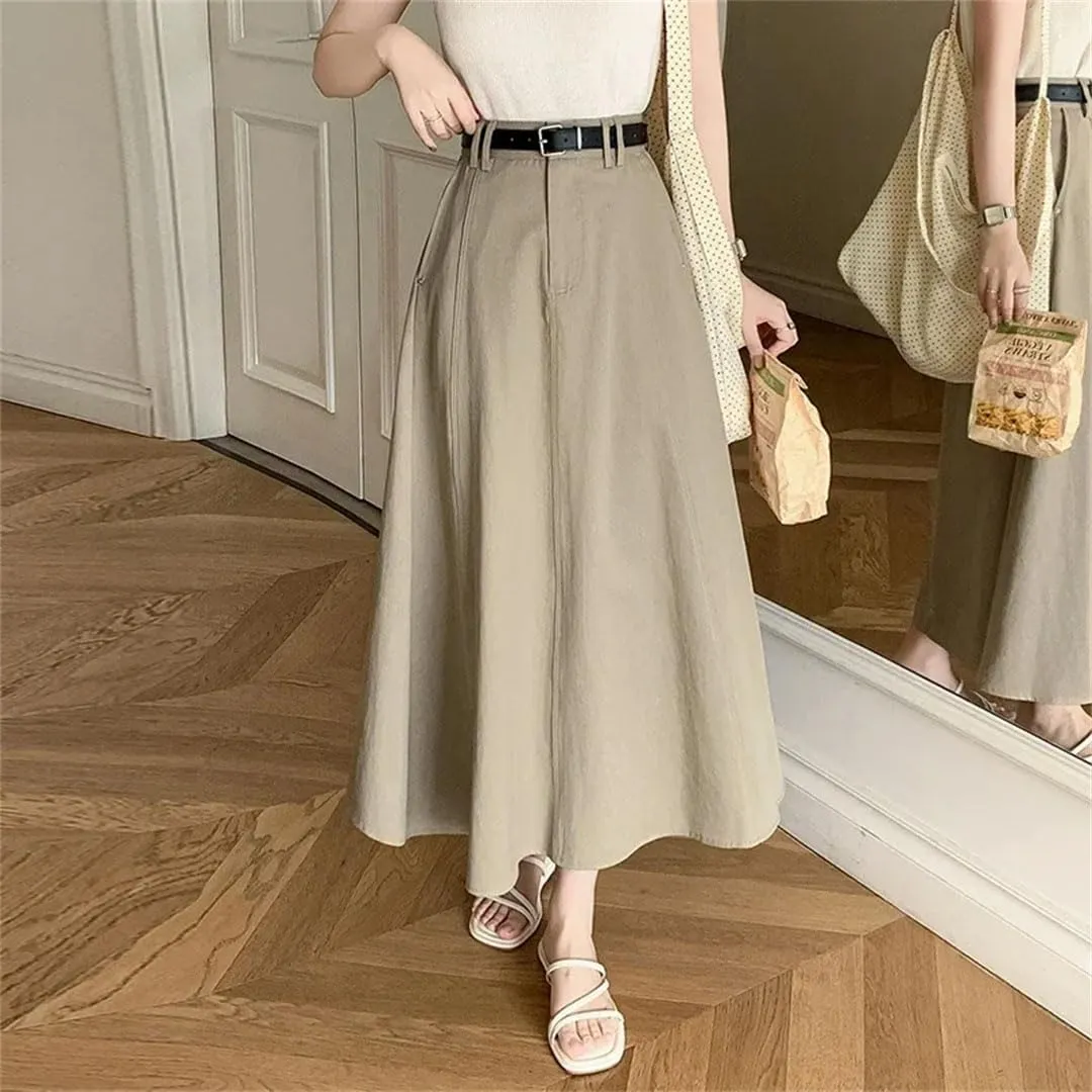 Women Vintage High Waist Denim A-Line Midi Elegant Solid Pleated Umbrella Skirts