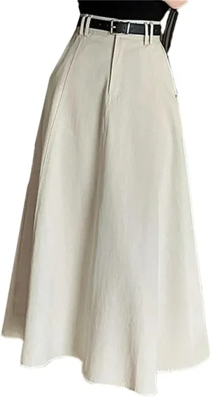 Women Vintage High Waist Denim A-Line Midi Elegant Solid Pleated Umbrella Skirts