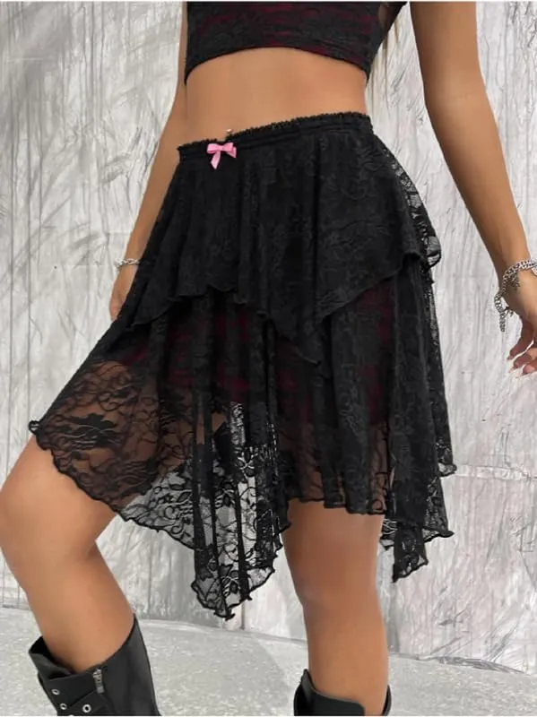 Women Y2k Lace Mini Skirt Low Rise Pleated Ruffle Lace Skirt Summer Layered Short Skirt Streetwear