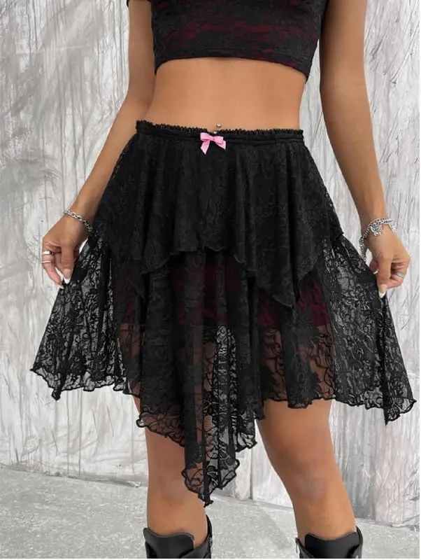 Women Y2k Lace Mini Skirt Low Rise Pleated Ruffle Lace Skirt Summer Layered Short Skirt Streetwear