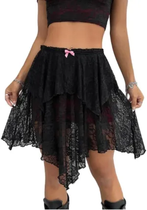 Women Y2k Lace Mini Skirt Low Rise Pleated Ruffle Lace Skirt Summer Layered Short Skirt Streetwear