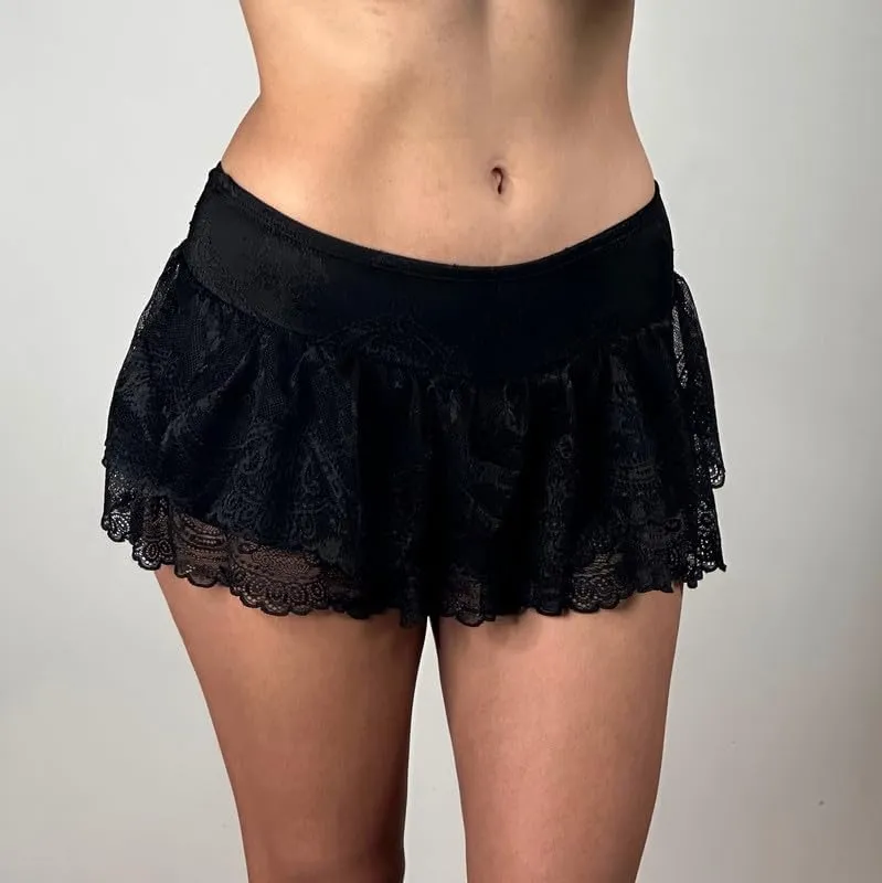 Women Y2k Lace Mini Skirt Low Rise Pleated Ruffle Lace Skirt Summer Layered Short Skirt Streetwear