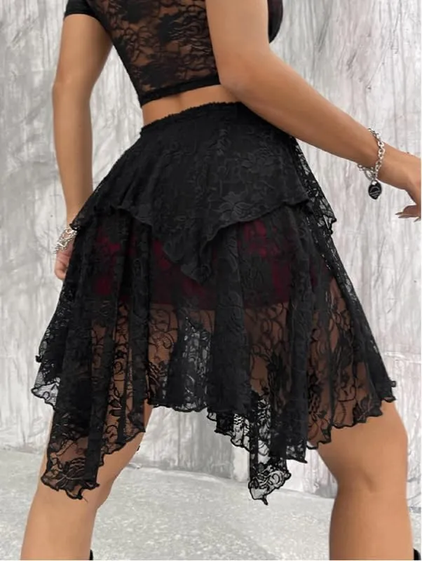 Women Y2k Lace Mini Skirt Low Rise Pleated Ruffle Lace Skirt Summer Layered Short Skirt Streetwear