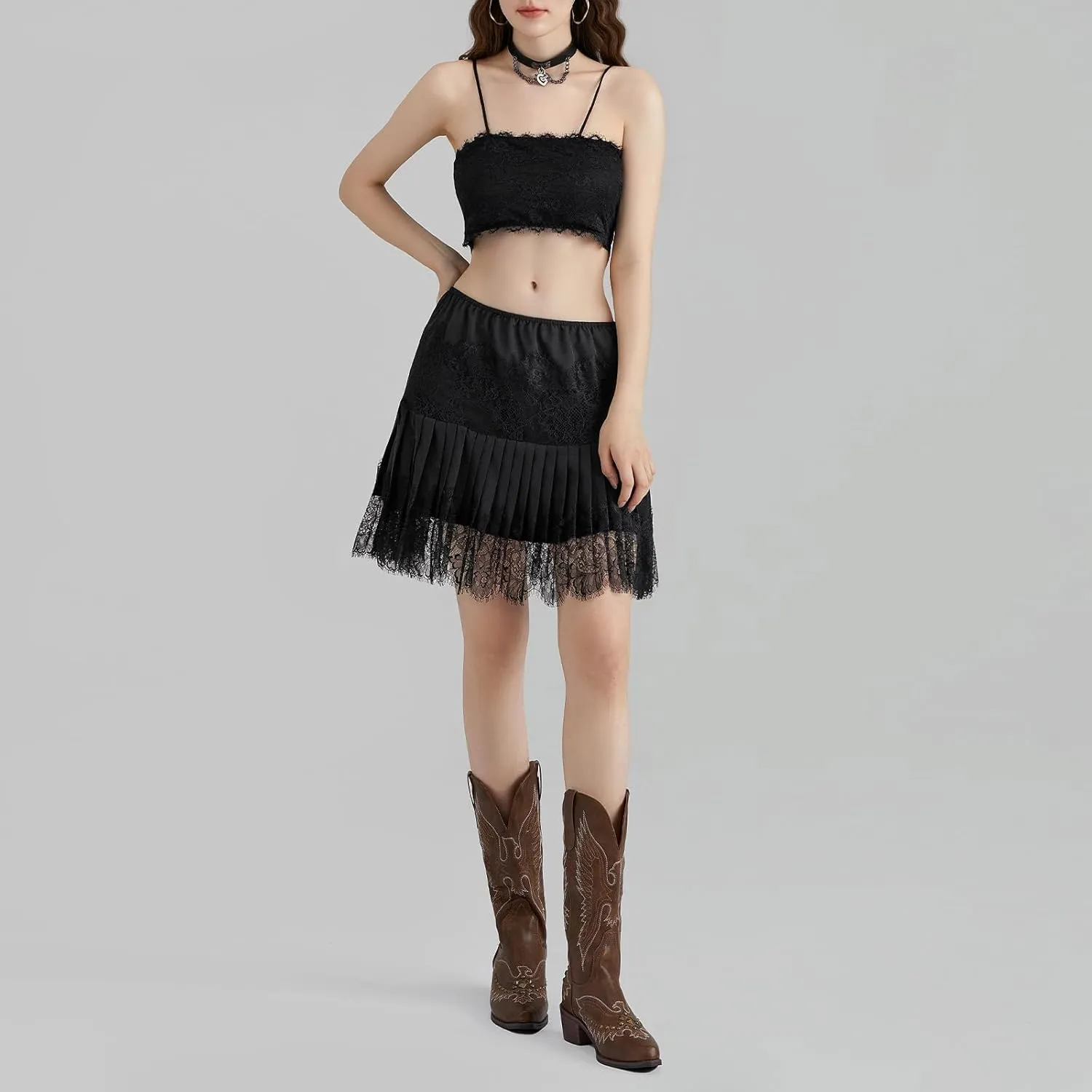 Women Y2k Lace Mini Skirts, Low Rise Pleated Ruffle Half Slip Skirt Ruffle Pleated Layered Flowy Short Skirts
