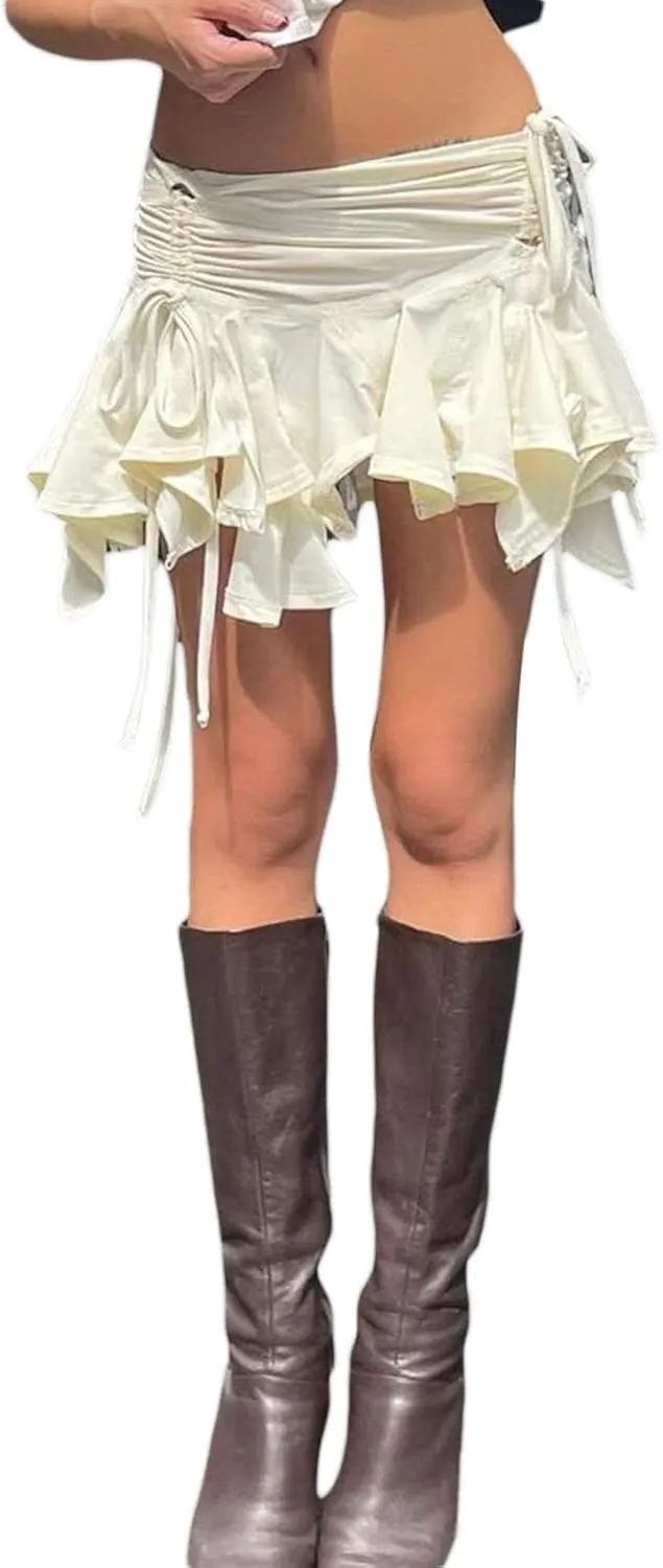 Women Y2K Ruffle Mini Skirt Low Rise Pleated Fairy Grunge Skirts Frilly Layered Asymmetrical Short Skirt