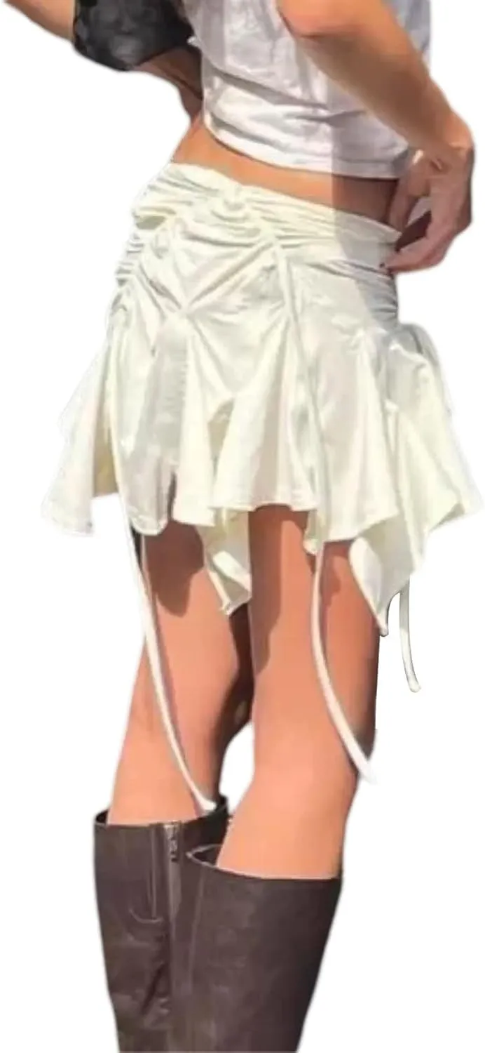 Women Y2K Ruffle Mini Skirt Low Rise Pleated Fairy Grunge Skirts Frilly Layered Asymmetrical Short Skirt